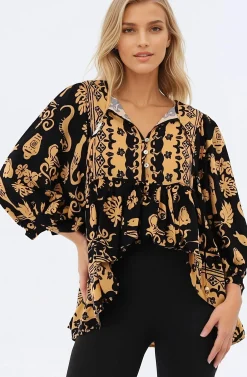 Chi Blouse - Balloon Sleeve Smock Blouse in Bronte Print>Salty Crush Hot