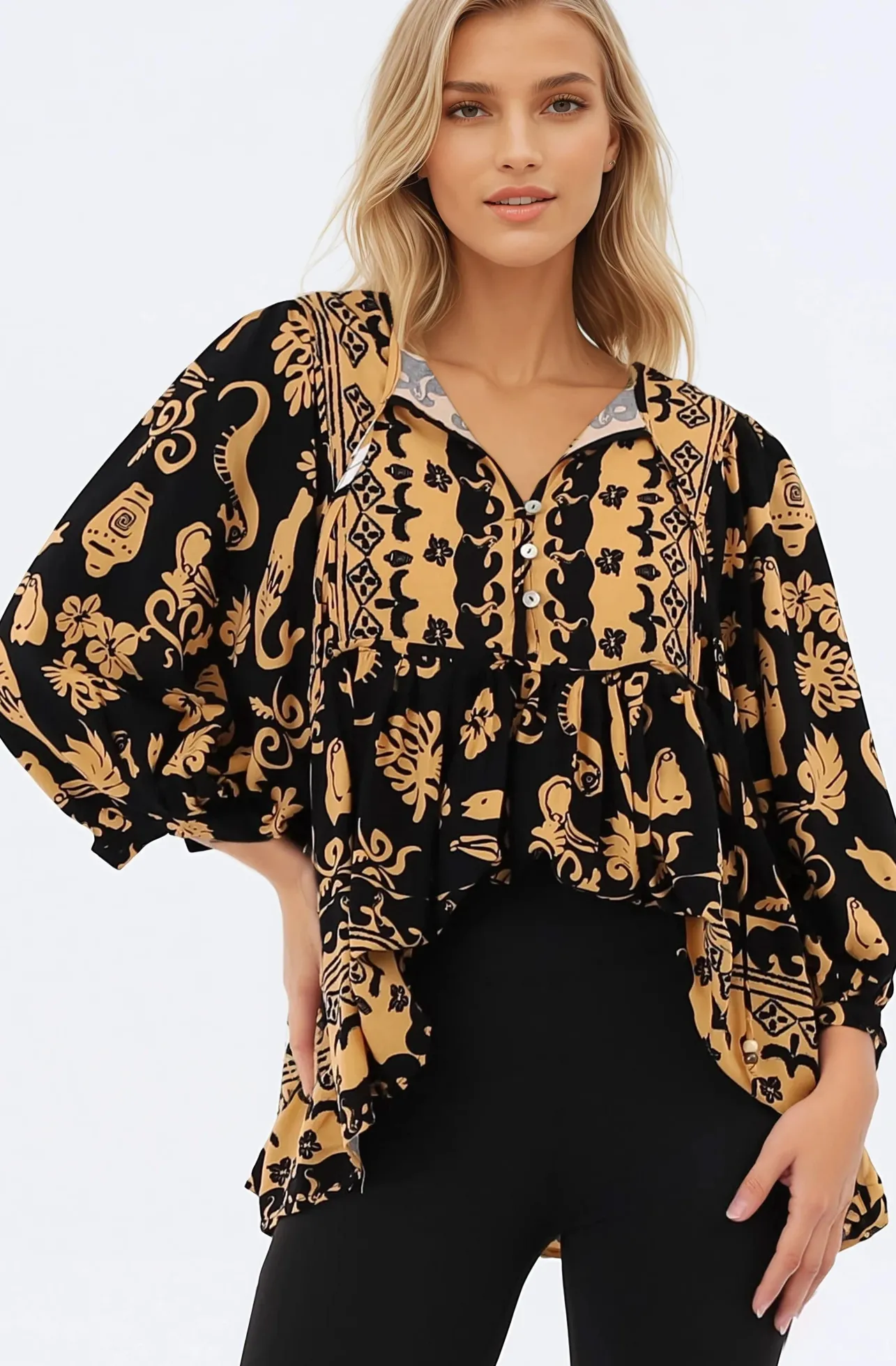 Chi Blouse - Balloon Sleeve Smock Blouse in Bronte Print>Salty Crush Hot