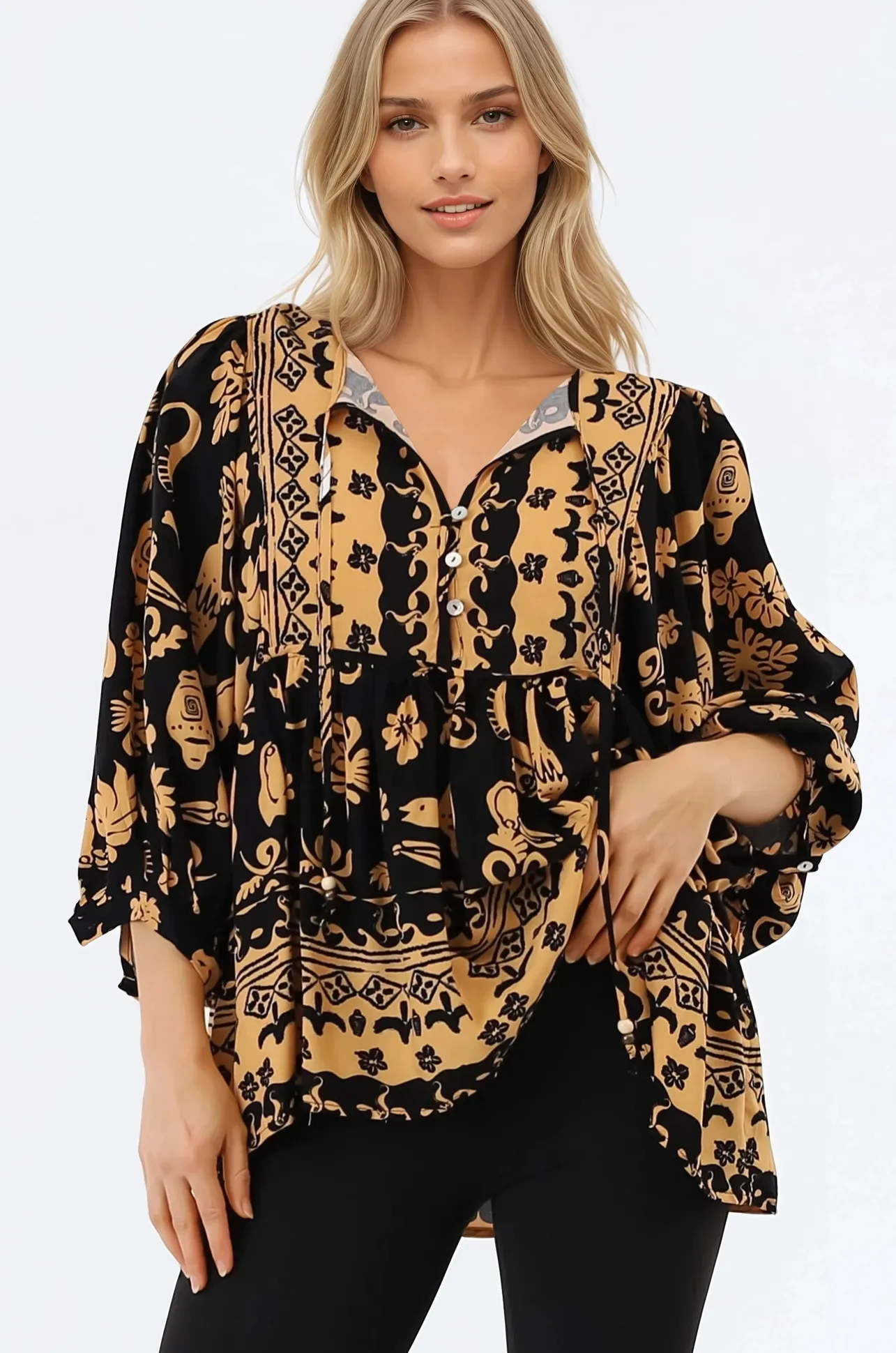 Chi Blouse - Balloon Sleeve Smock Blouse in Bronte Print>Salty Crush Hot