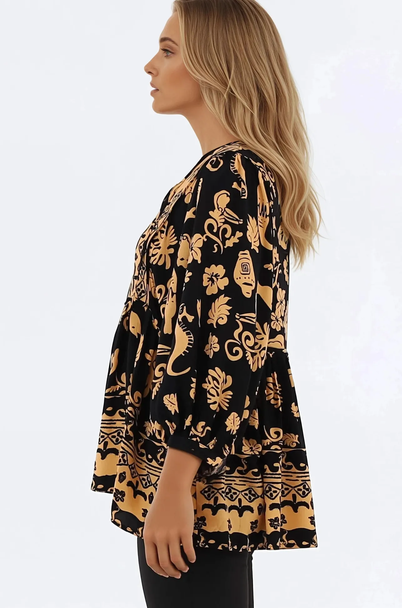 Chi Blouse - Balloon Sleeve Smock Blouse in Bronte Print>Salty Crush Hot