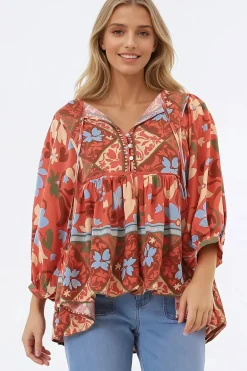 Chi Blouse - Balloon Sleeve Smock Blouse in Aella Print>Salty Crush Outlet
