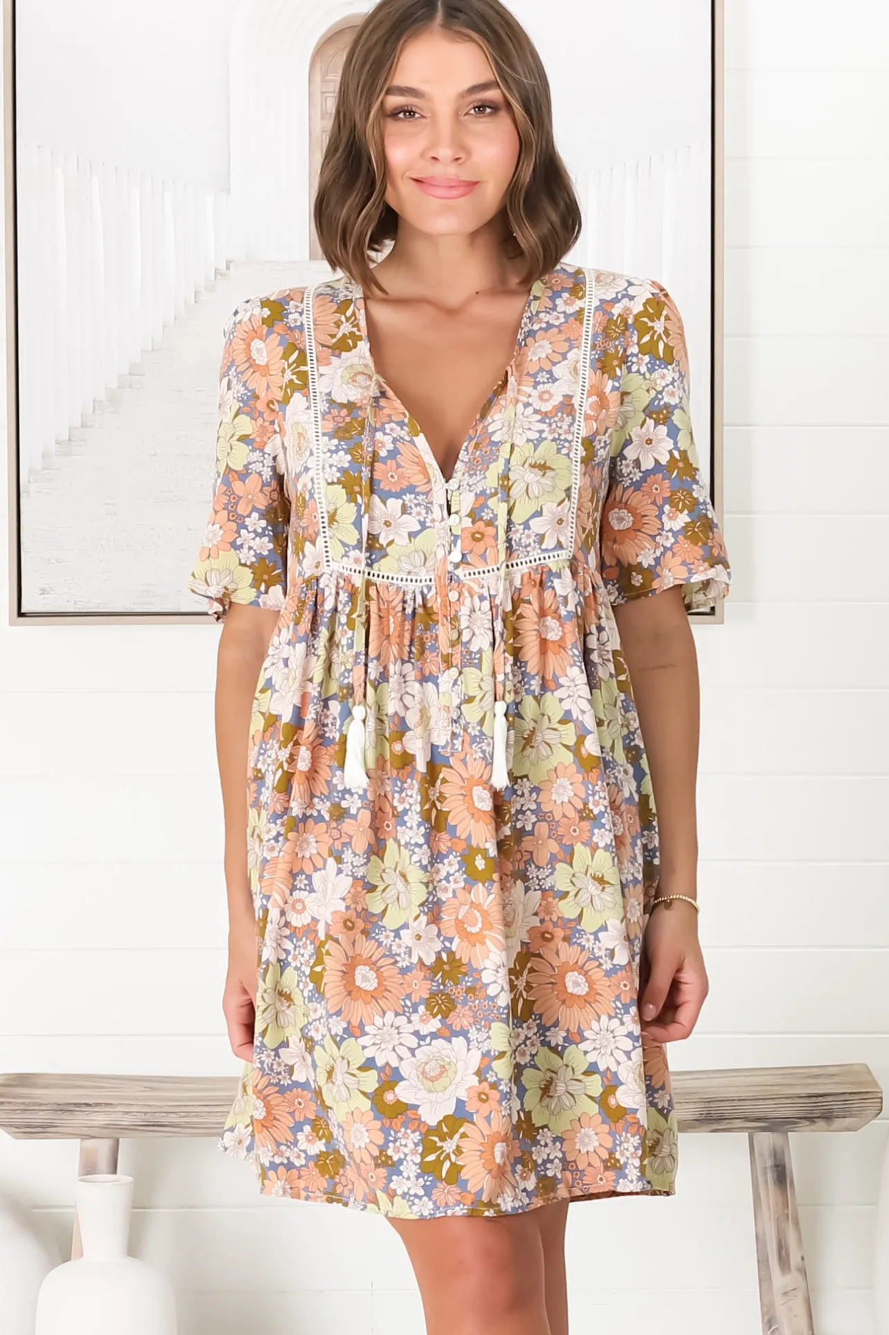 Chia Mini Dress - Babydoll Dress in Floral Avianna Print>Salty Crush Discount