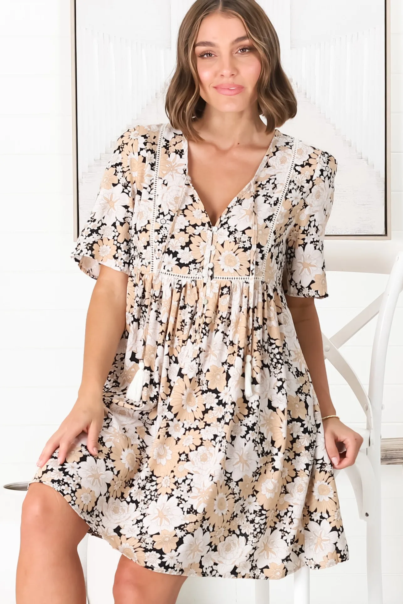 Chia Mini Dress - Babydoll Dress in Lyanna Print>Salty Crush Sale