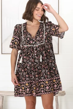 Chia Mini Dress - Babydoll Dress in Floral Amirah Print>Salty Crush New