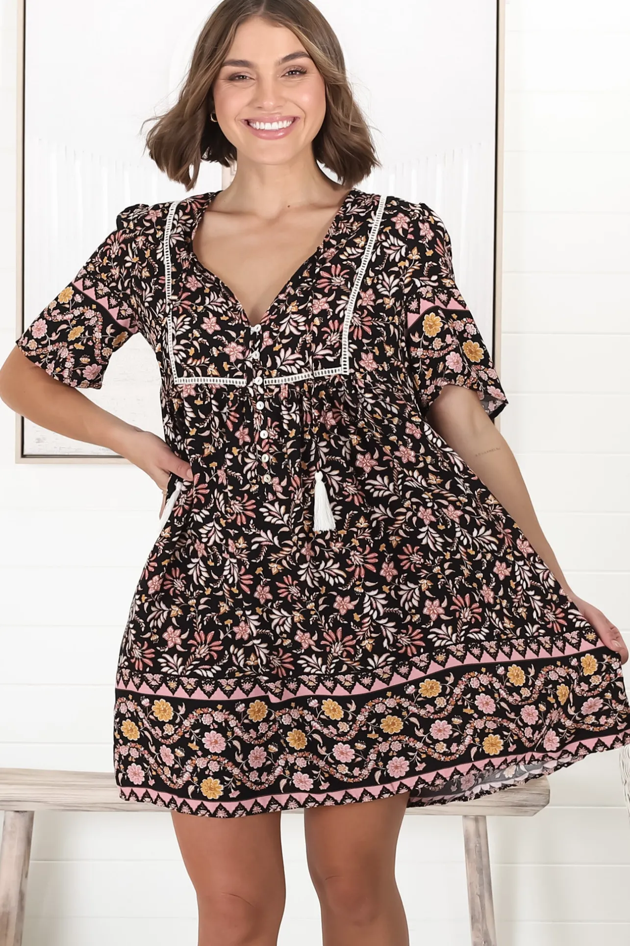 Chia Mini Dress - Babydoll Dress in Floral Amirah Print>Salty Crush New