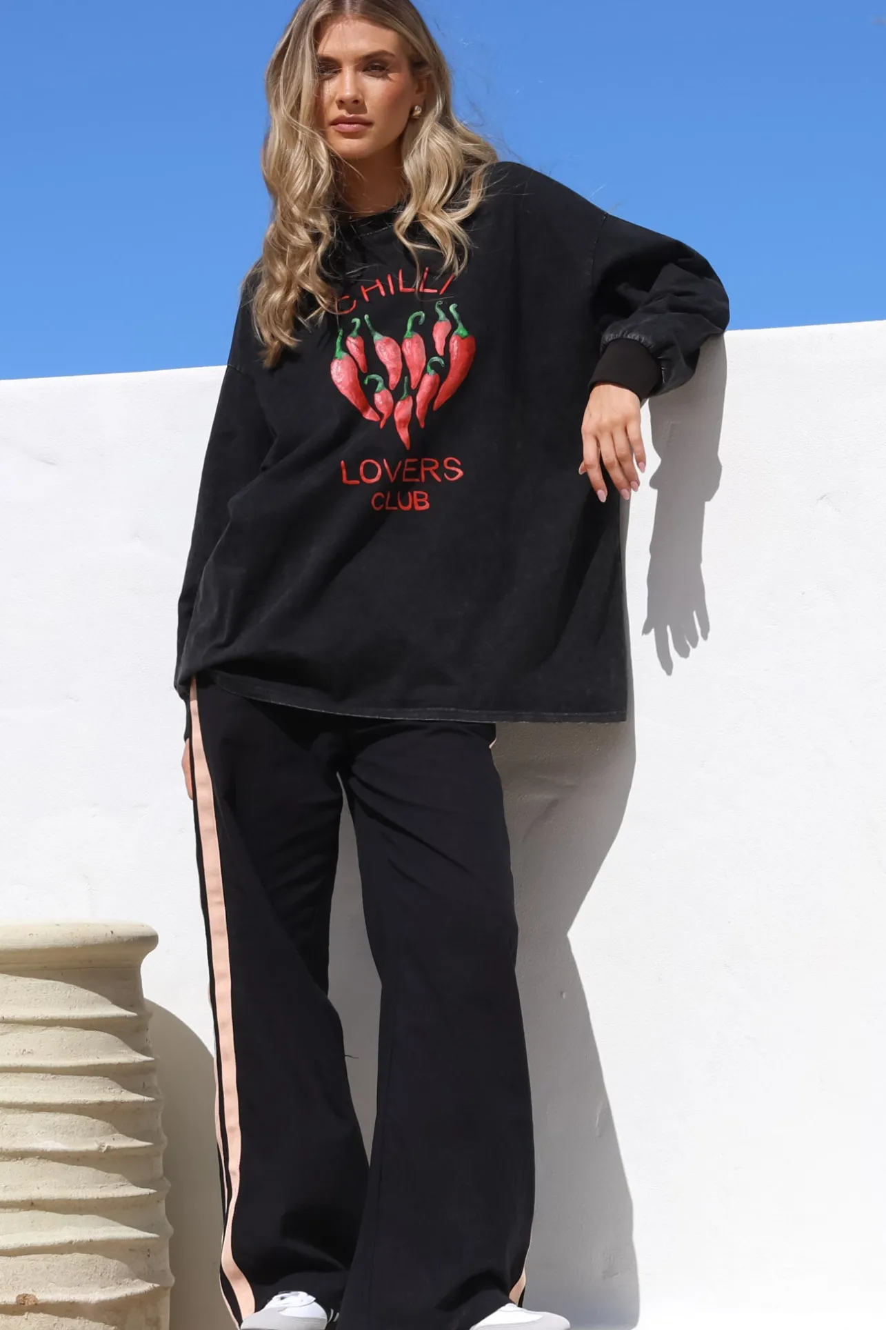 Chilli Lovers Set - Graphic Long Sleeve Top and Pants with Stripe Accent in Black>Salty Crush Best