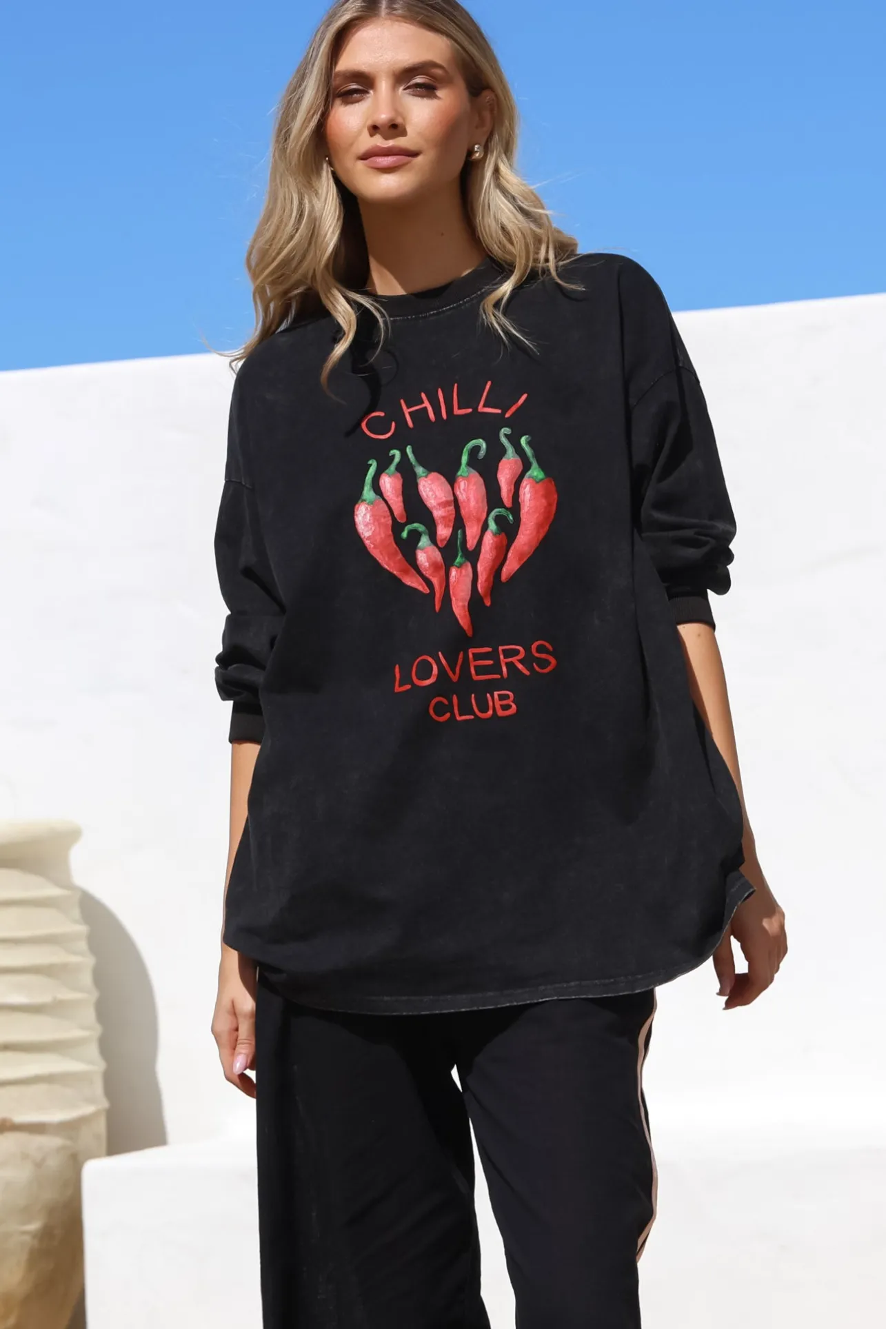 Chilli Lovers Set - Graphic Long Sleeve Top and Pants with Stripe Accent in Black>Salty Crush Best