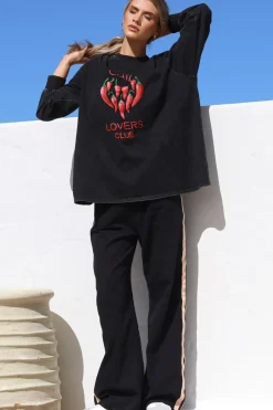 Chilli Lovers Set - Graphic Long Sleeve Top and Pants with Stripe Accent in Black><noscript><img width=