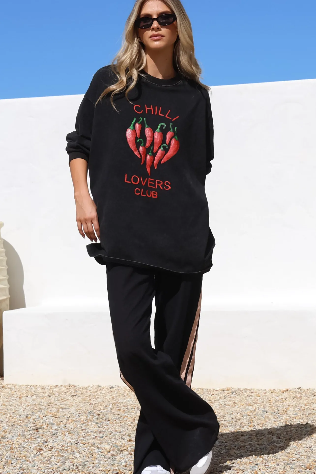 Chilli Lovers Set - Graphic Long Sleeve Top and Pants with Stripe Accent in Black>Salty Crush Best