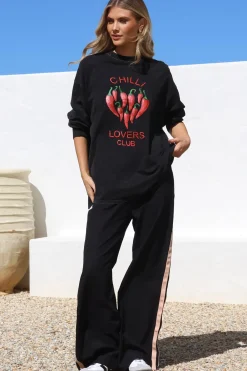 Chilli Lovers Set - Graphic Long Sleeve Top and Pants with Stripe Accent in Black><noscript><img width=