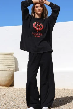 Chilli Lovers Set - Graphic Long Sleeve Top and Pants with Stripe Accent in Black><noscript><img width=