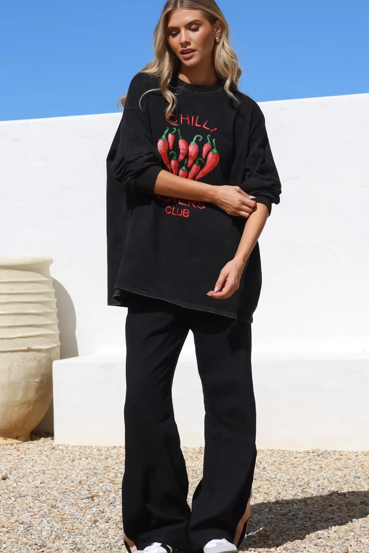 Chilli Lovers Set - Graphic Long Sleeve Top and Pants with Stripe Accent in Black>Salty Crush Best