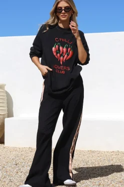 Chilli Lovers Set - Graphic Long Sleeve Top and Pants with Stripe Accent in Black><noscript><img width=
