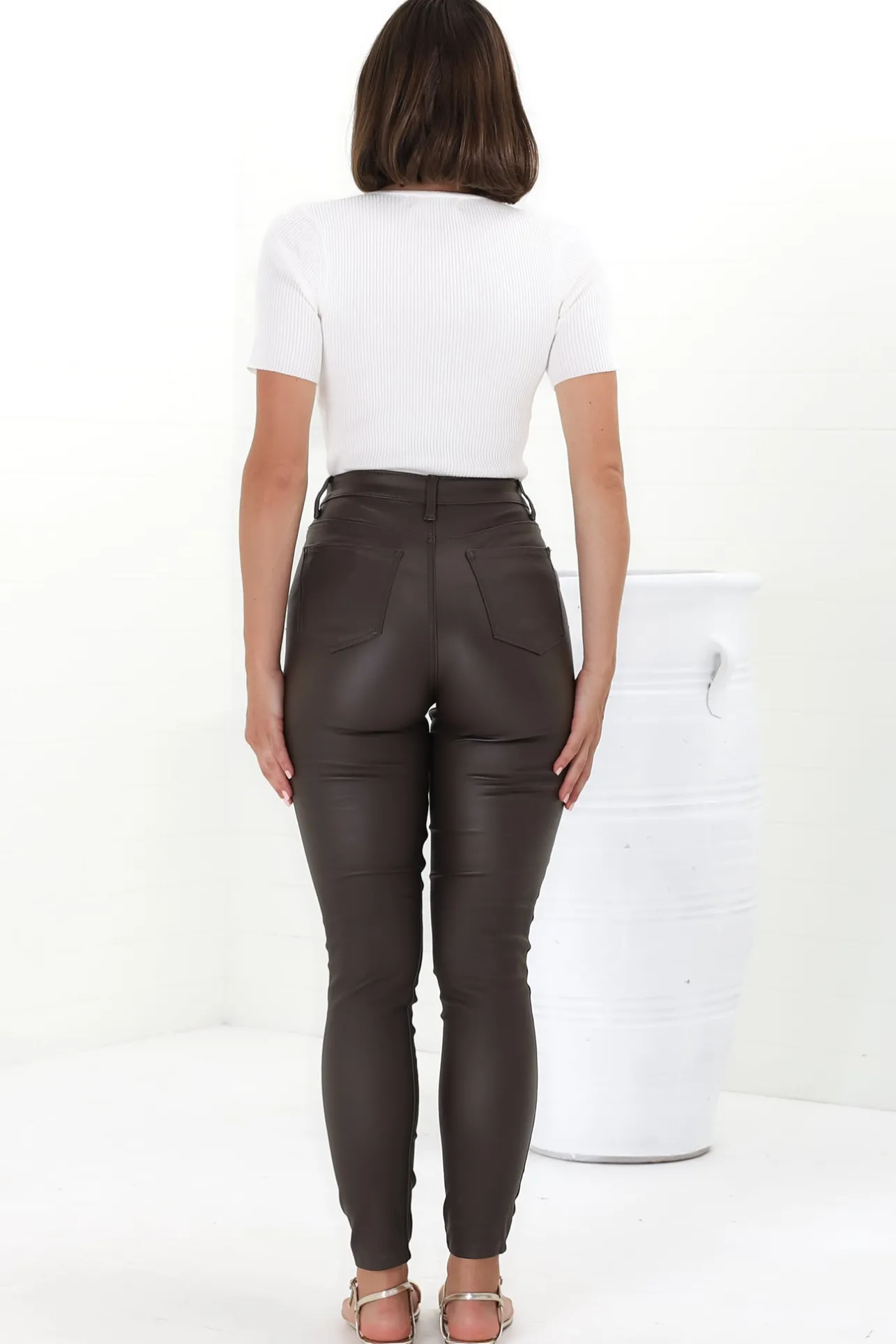 Chisel Jeans - Wet Look High Waisted Skinny Leg Pants in Chocolate>Salty Crush