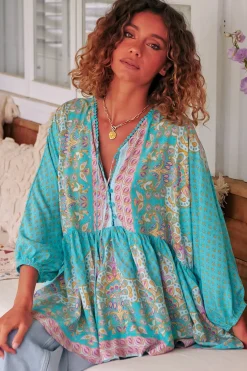 Chloe Top - Very Oversized Crochet Trim Neckline Smock Top in Atlantis Print>Jaase Hot