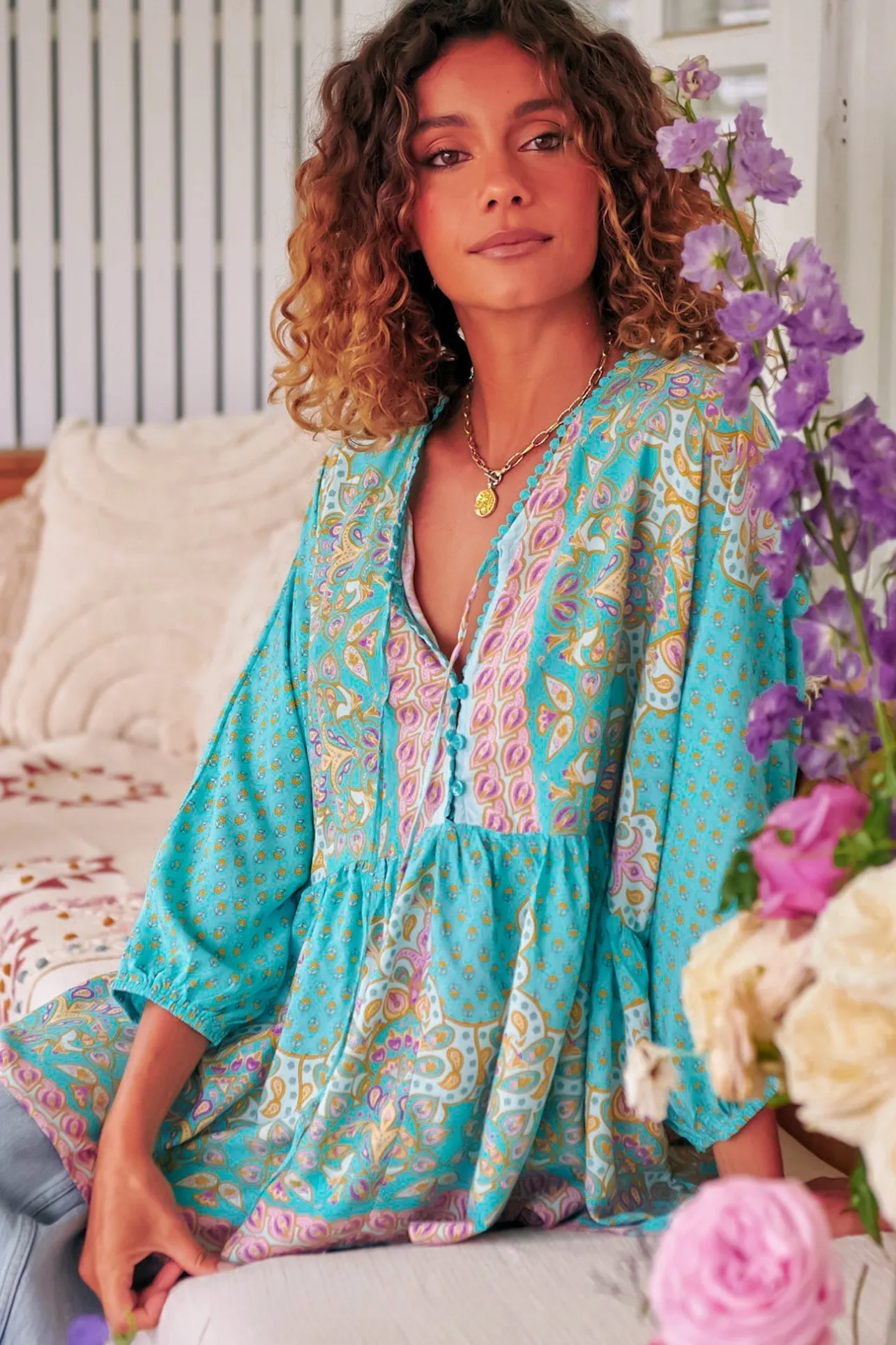 Chloe Top - Very Oversized Crochet Trim Neckline Smock Top in Atlantis Print>Jaase Hot