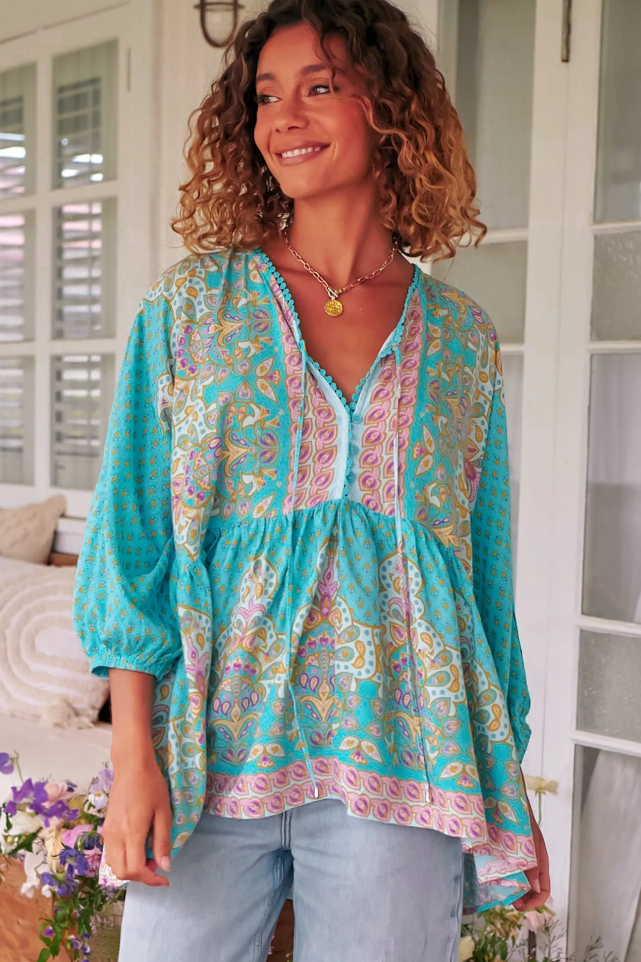 Chloe Top - Very Oversized Crochet Trim Neckline Smock Top in Atlantis Print>Jaase Hot