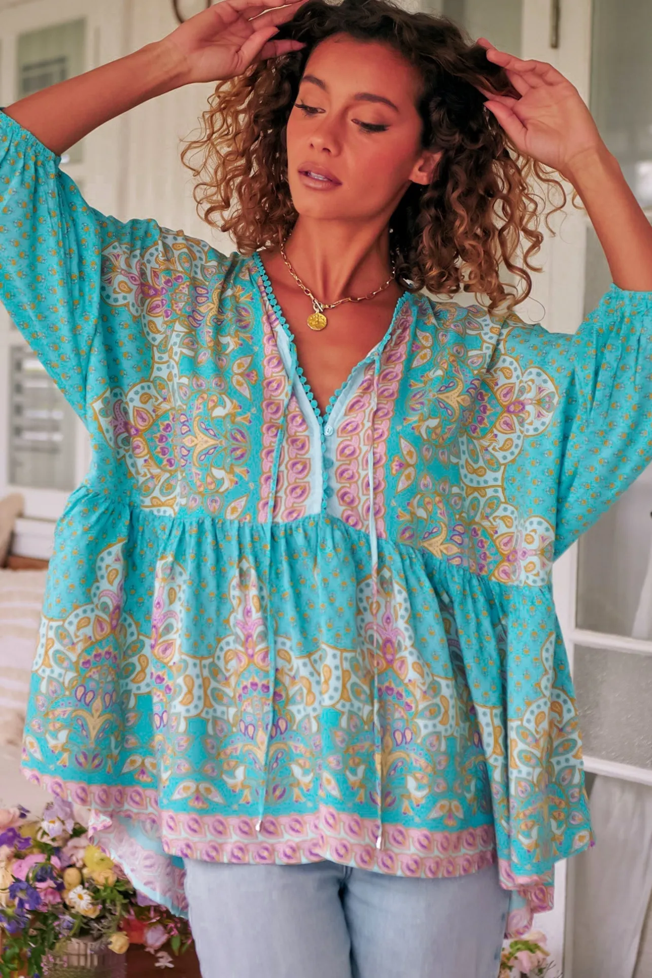 Chloe Top - Very Oversized Crochet Trim Neckline Smock Top in Atlantis Print>Jaase Hot