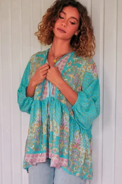 Chloe Top - Very Oversized Crochet Trim Neckline Smock Top in Atlantis Print><noscript><img width=
