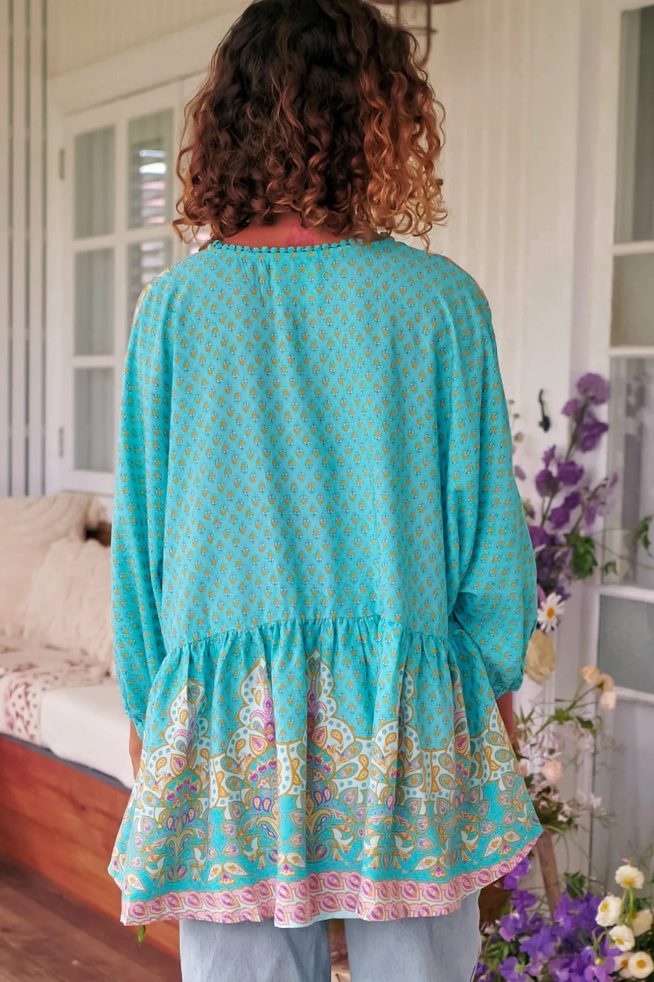Chloe Top - Very Oversized Crochet Trim Neckline Smock Top in Atlantis Print>Jaase Hot