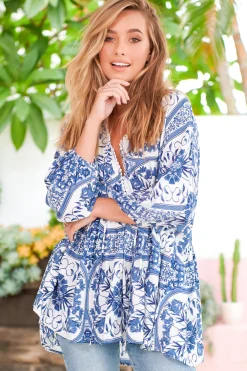 Chloe Top - Very Oversized Crochet Trim Neckline Smock Top in Denim Dreams Print><noscript><img width=