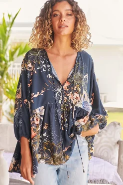 Chloe Top - Very Oversized Crochet Trim Neckline Smock Top in Indigo Print>Jaase Online