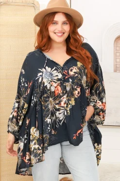 Chloe Top - Very Oversized Crochet Trim Neckline Smock Top in Indigo Print>Jaase Online