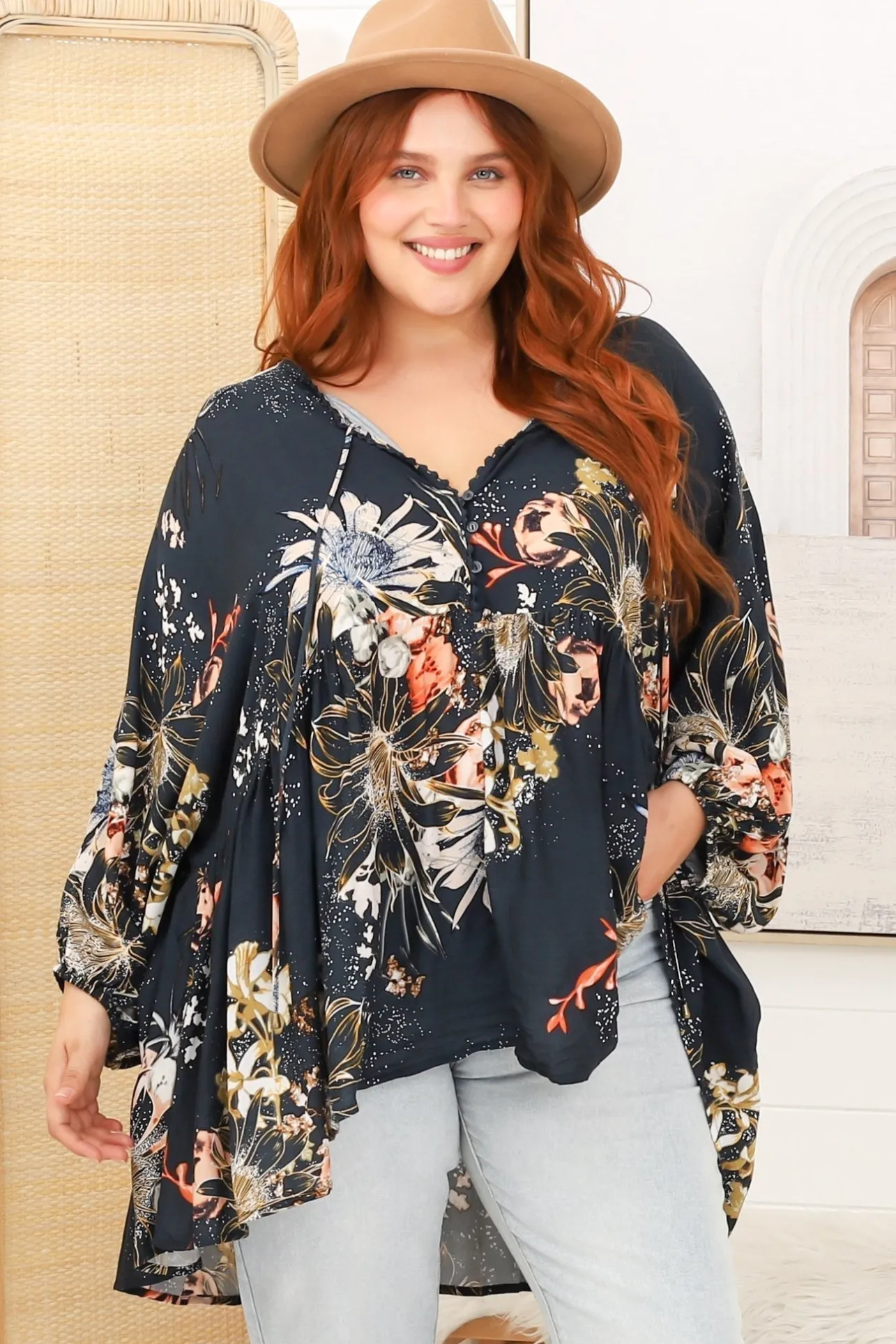 Chloe Top - Very Oversized Crochet Trim Neckline Smock Top in Indigo Print>Jaase Online