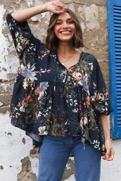 Chloe Top - Very Oversized Crochet Trim Neckline Smock Top in Indigo Print><noscript><img width=