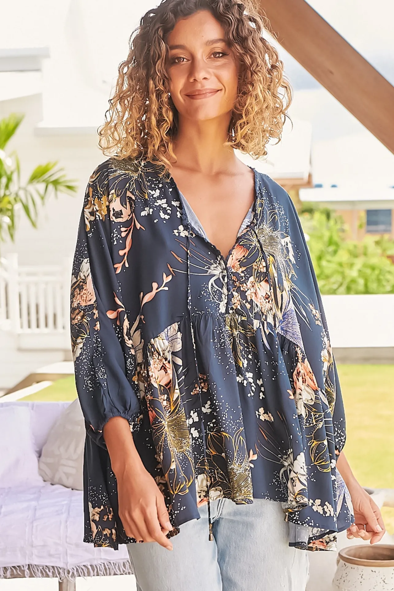 Chloe Top - Very Oversized Crochet Trim Neckline Smock Top in Indigo Print>Jaase Online