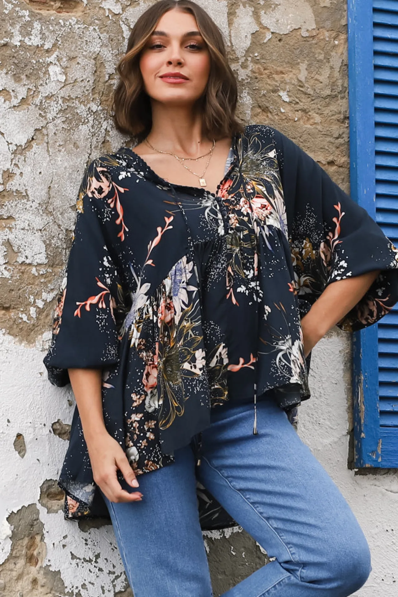 Chloe Top - Very Oversized Crochet Trim Neckline Smock Top in Indigo Print>Jaase Online