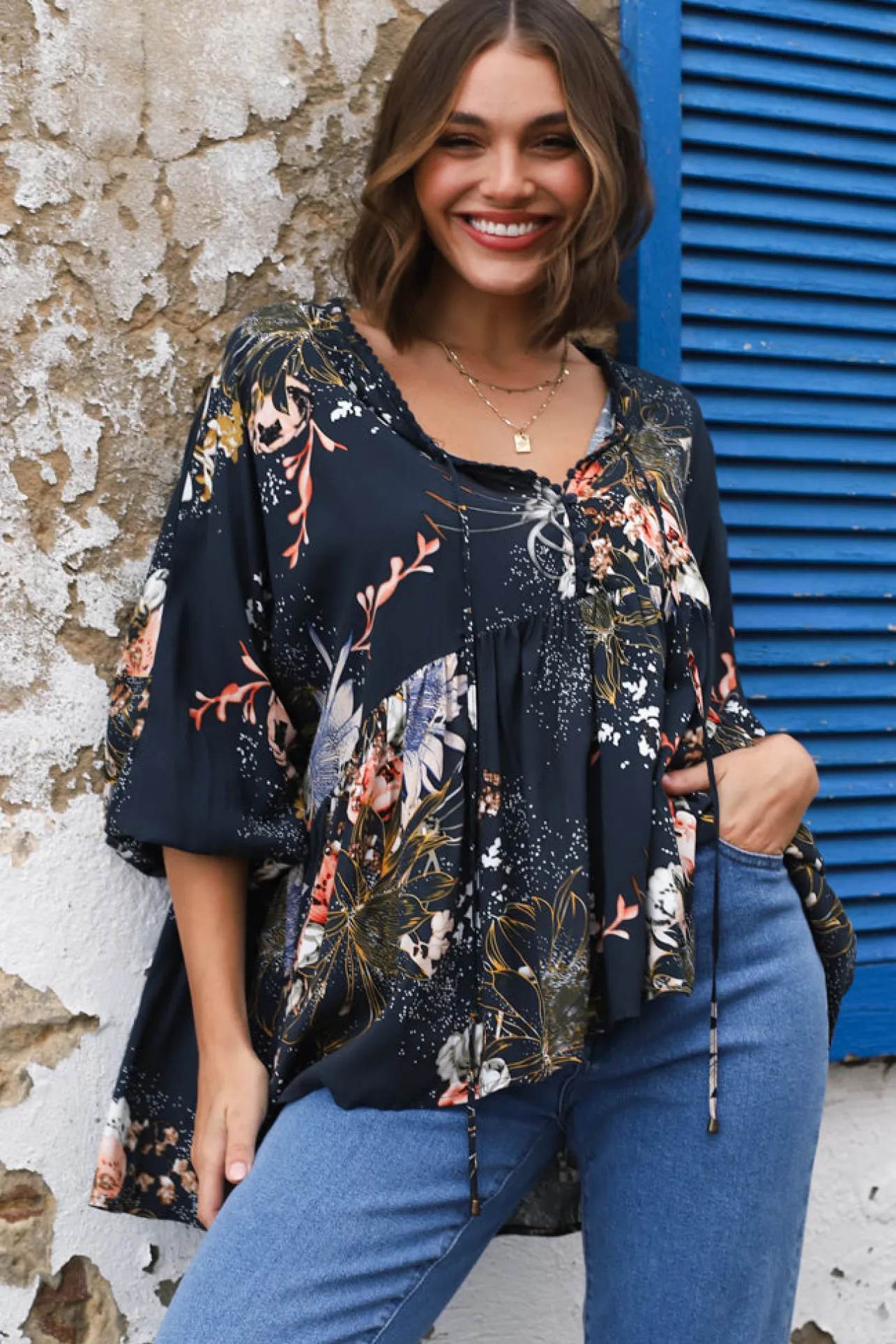 Chloe Top - Very Oversized Crochet Trim Neckline Smock Top in Indigo Print>Jaase Online