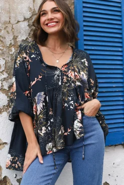 Chloe Top - Very Oversized Crochet Trim Neckline Smock Top in Indigo Print><noscript><img width=
