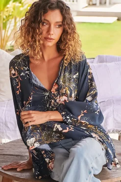 Chloe Top - Very Oversized Crochet Trim Neckline Smock Top in Indigo Print><noscript><img width=