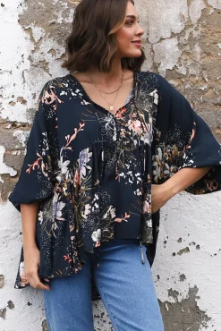 Chloe Top - Very Oversized Crochet Trim Neckline Smock Top in Indigo Print><noscript><img width=