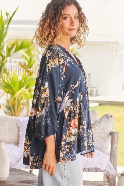 Chloe Top - Very Oversized Crochet Trim Neckline Smock Top in Indigo Print><noscript><img width=