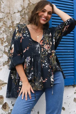 Chloe Top - Very Oversized Crochet Trim Neckline Smock Top in Indigo Print><noscript><img width=