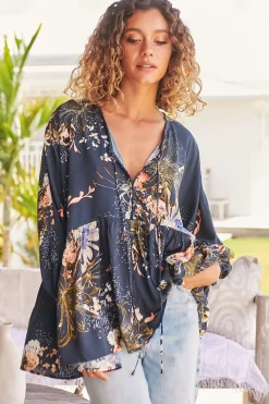 Chloe Top - Very Oversized Crochet Trim Neckline Smock Top in Indigo Print><noscript><img width=