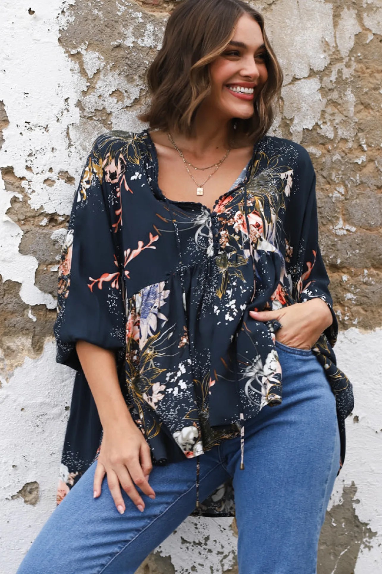 Chloe Top - Very Oversized Crochet Trim Neckline Smock Top in Indigo Print>Jaase Online