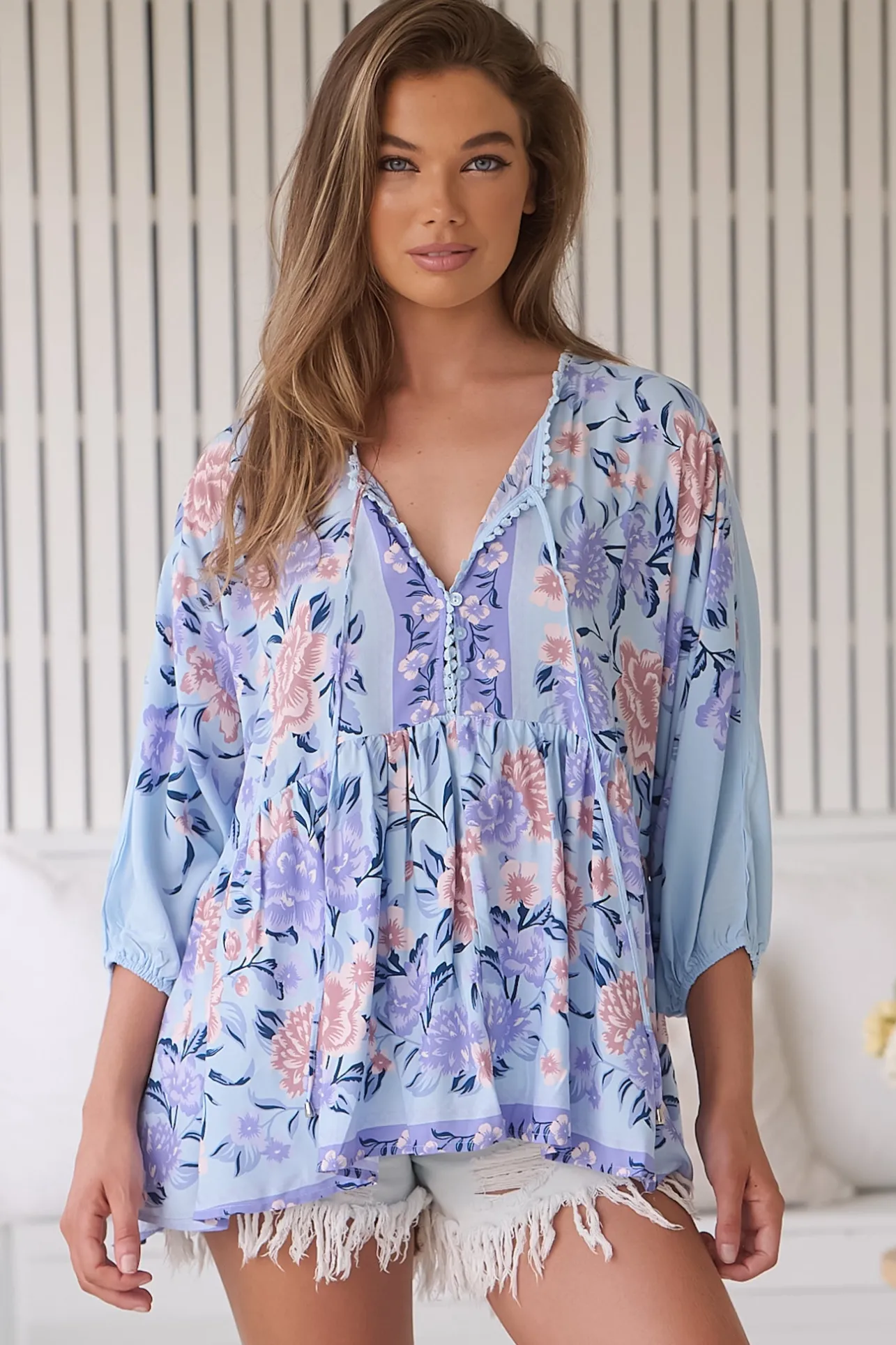 Chloe Top - Very Oversized Crochet Trim Neckline Smock Top in Heaven Print>Jaase Discount