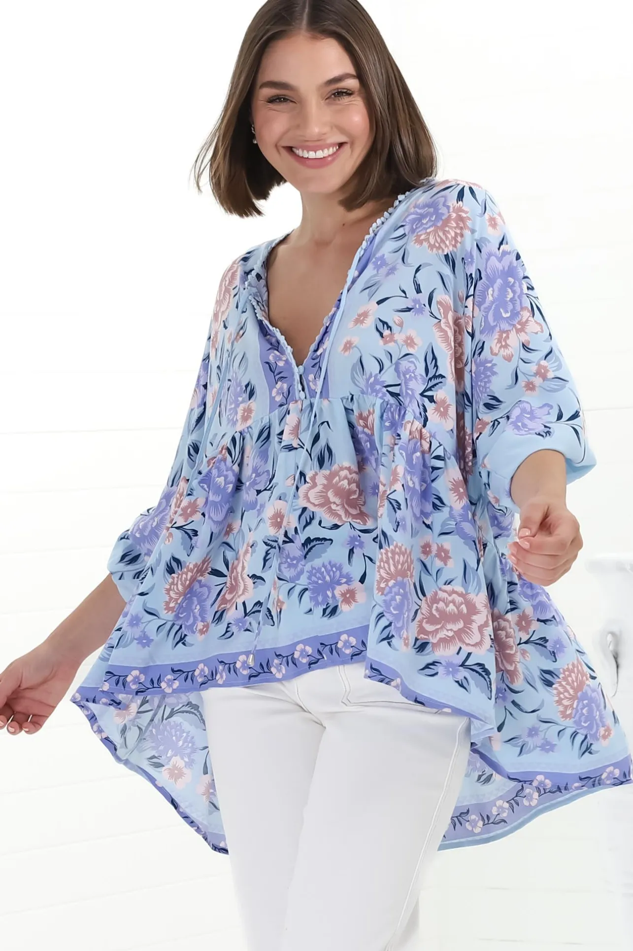 Chloe Top - Very Oversized Crochet Trim Neckline Smock Top in Heaven Print>Jaase Discount