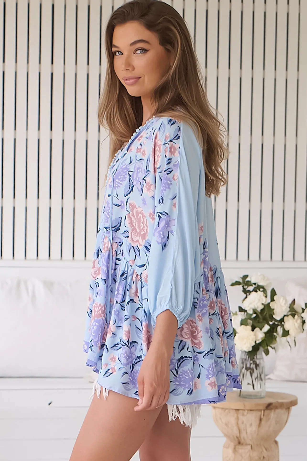 Chloe Top - Very Oversized Crochet Trim Neckline Smock Top in Heaven Print>Jaase Discount