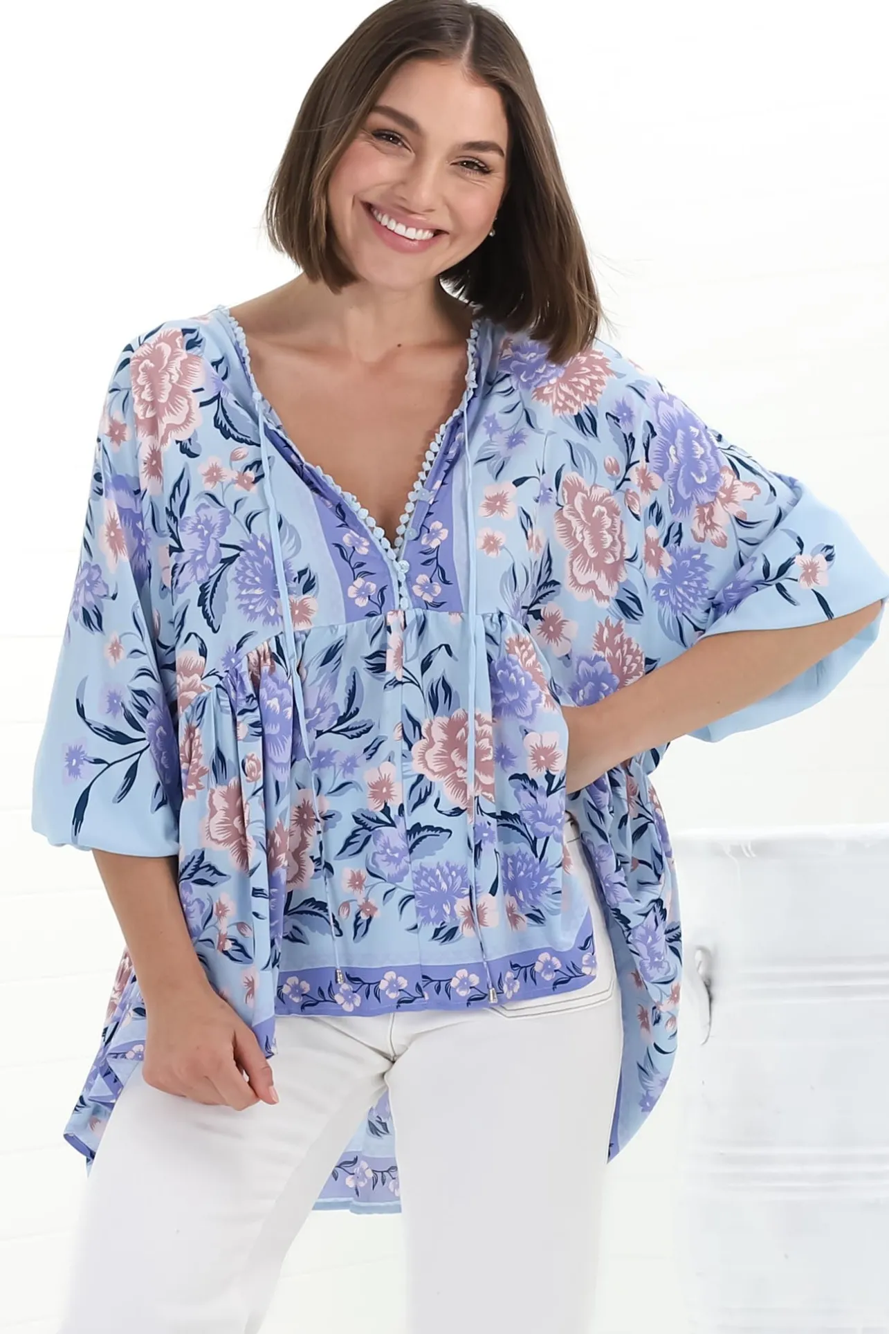 Chloe Top - Very Oversized Crochet Trim Neckline Smock Top in Heaven Print>Jaase Discount