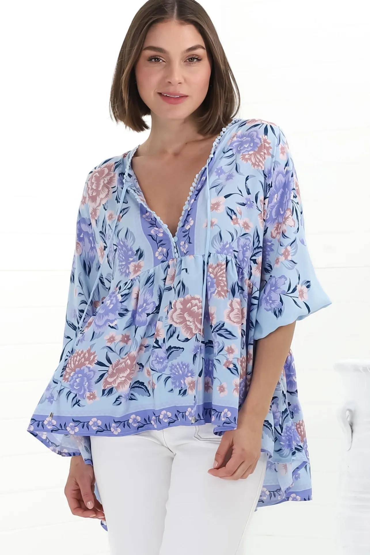 Chloe Top - Very Oversized Crochet Trim Neckline Smock Top in Heaven Print>Jaase Discount