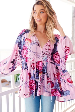 Chloe Top - Very Oversized Crochet Trim Neckline Smock Top in Dahlia Print><noscript><img width=