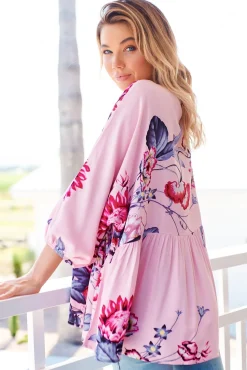 Chloe Top - Very Oversized Crochet Trim Neckline Smock Top in Dahlia Print><noscript><img width=