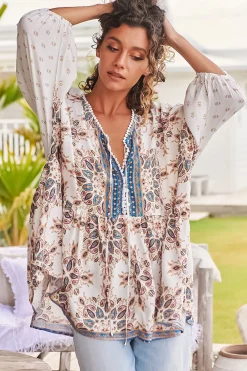 Chloe Top - Very Oversized Crochet Trim Neckline Smock Top in Gemstone Print>Jaase New