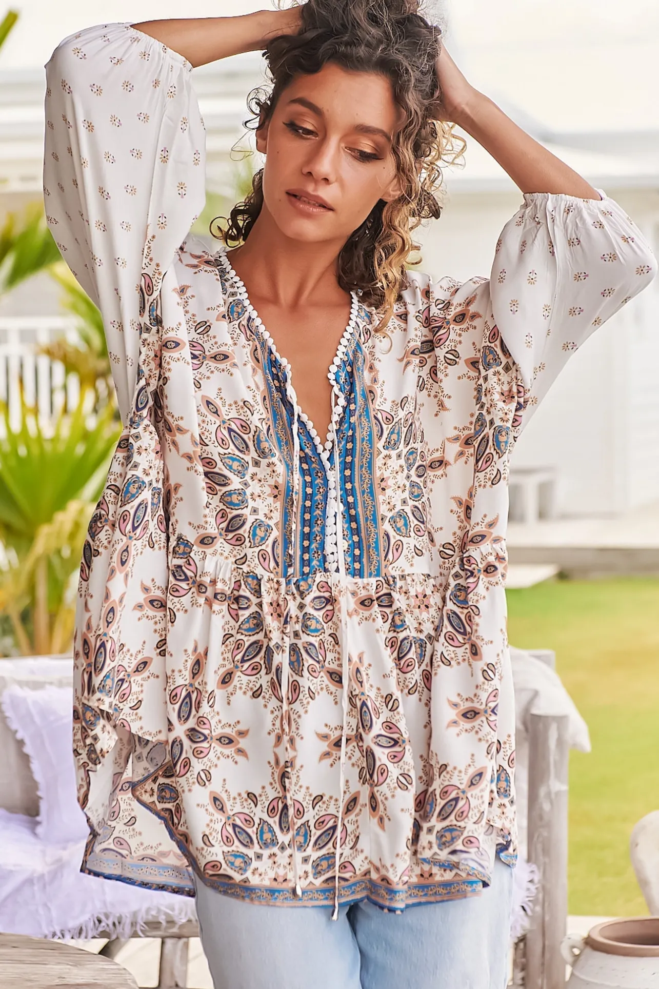 Chloe Top - Very Oversized Crochet Trim Neckline Smock Top in Gemstone Print>Jaase New
