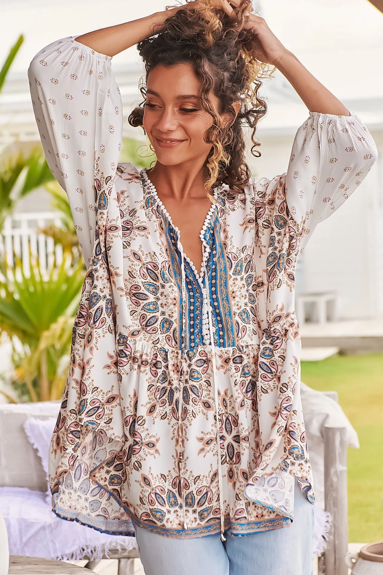 Chloe Top - Very Oversized Crochet Trim Neckline Smock Top in Gemstone Print>Jaase New