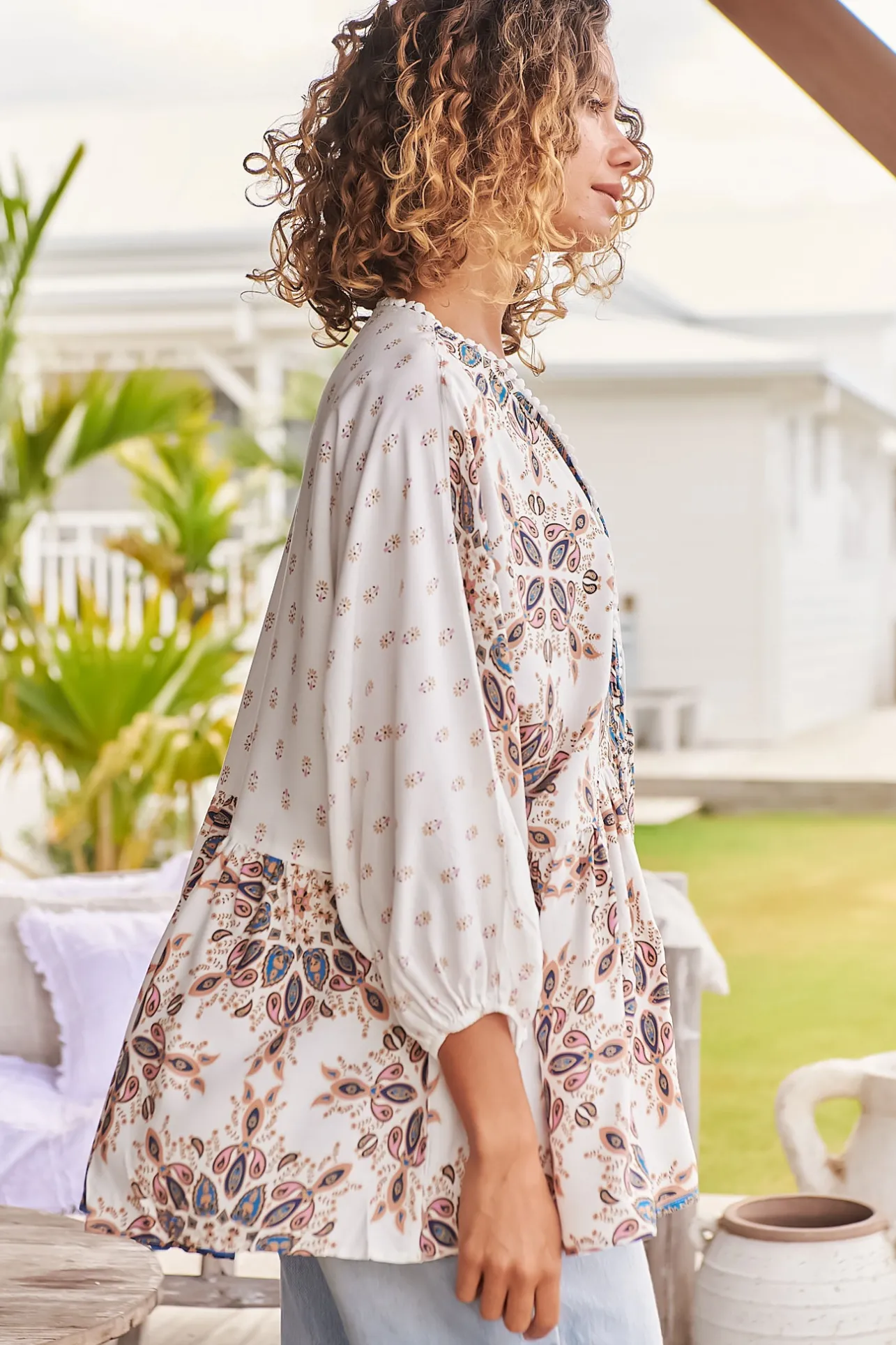Chloe Top - Very Oversized Crochet Trim Neckline Smock Top in Gemstone Print>Jaase New